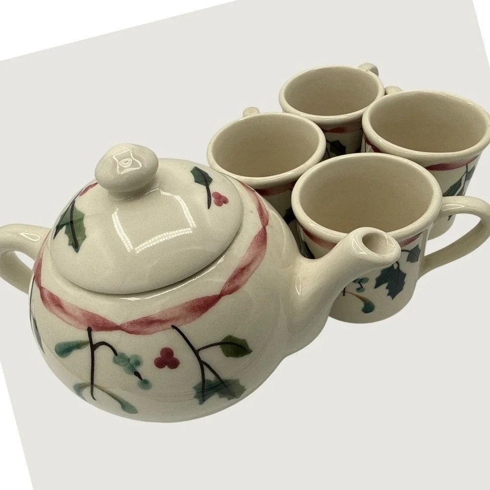 Vtg 1983 Hartstone Pottery Christmas Garland Tea Set Teapot 4 Mugs Stoneware USA